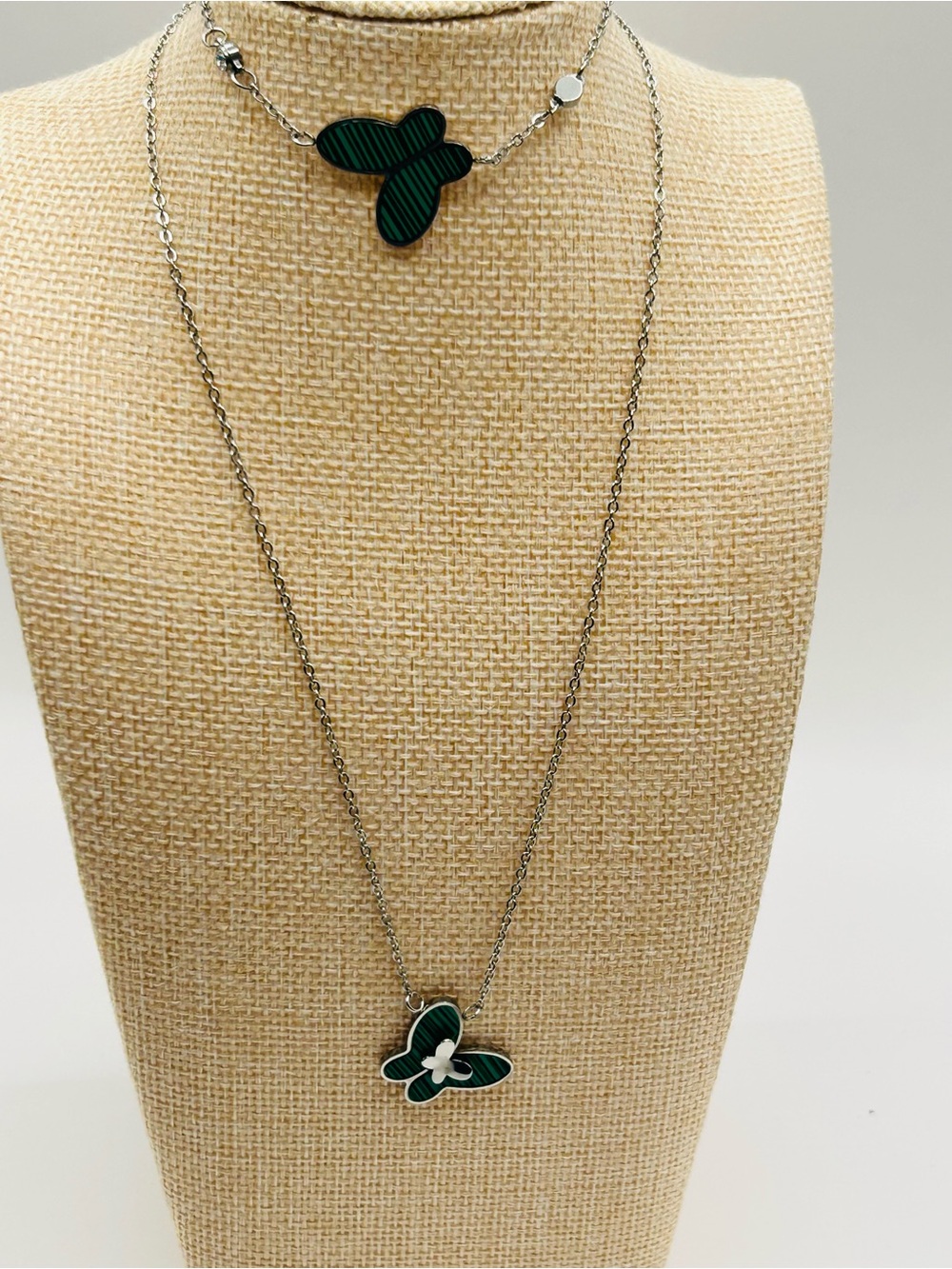 Stainless steel, green, butterfly necklace, and bracelet with crystals